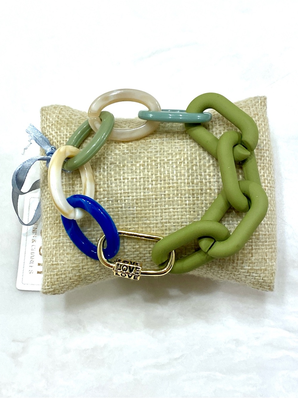 Denis & Charles RUSH Chunky Link Bracelet Matte Green Gold LOVE Carabiner Clasp